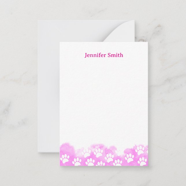 Tarjeta Pequeña Pink Watercolor Dog Paw Personalized Stationery (Anverso)