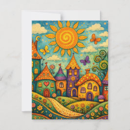 Tarjeta Pequeña Pintura Colorida en Lienzo de Pueblo de Cuento de 