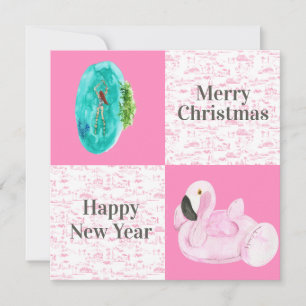 Tarjeta Pequeña Piscina tropical Flamingo Floatie Toile Navidades