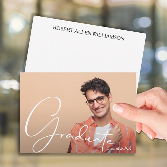 Tarjeta Pequeña Plano de posgrado personalizado (3.5" x 5" personalized photo graduate flat note cards with your name and message on the back)
