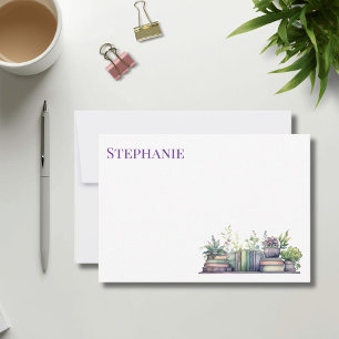 Tarjeta Pequeña Planta y libro de acuarela púrpura y verde