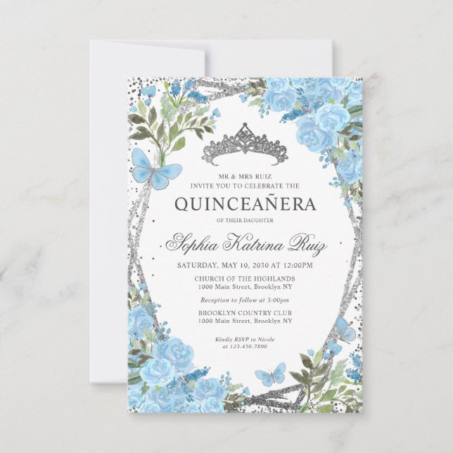 Tarjeta Pequeña Plata Azul Floral Dusty Azul Presupuesto Tiara Qui (Anverso)