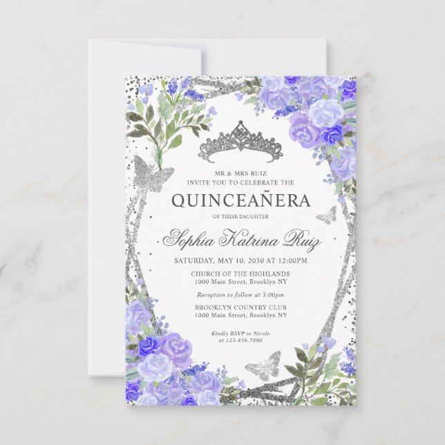 Tarjeta Pequeña Plata Floral Morado Glam Tiara Quinceañera (Anverso)