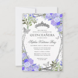 Tarjeta Pequeña Plata Floral Morado Glam Tiara Quinceañera