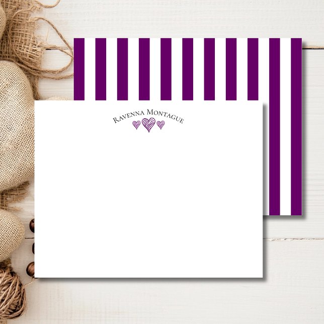 Tarjeta Pequeña Plum Purple Elegant Wavy Hearts Striped Note Card (Subido por el creador)