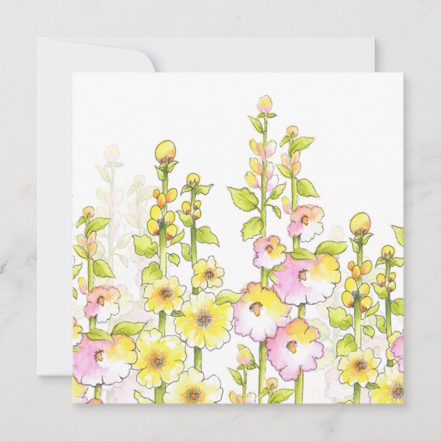 Tarjeta Pequeña Pluma rosa amarilla y campo acuarela de Hollyhocks (Anverso)