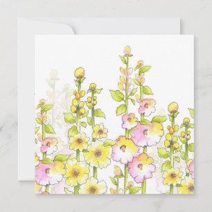 Tarjeta Pequeña Pluma rosa amarilla y campo acuarela de Hollyhocks