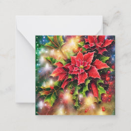 Tarjeta Pequeña Poinsettia y acebo navideño económico con destello