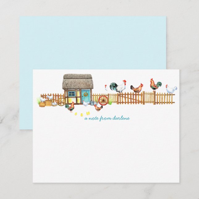 Tarjeta Pequeña Pollos en una cerca de una cooperativa de pollo |  (Anverso / Reverso)