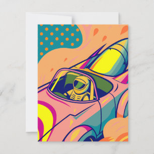 Tarjeta Pequeña Pop Art Astronaut Driving Rocket Car