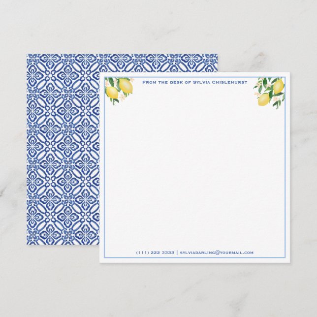Tarjeta Pequeña Positano Lemons Blue Tiles Baby Shower Gracias (Anverso / Reverso)