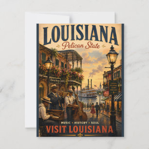 Tarjeta Pequeña Póster de viaje vintage de Louisiana con músico de