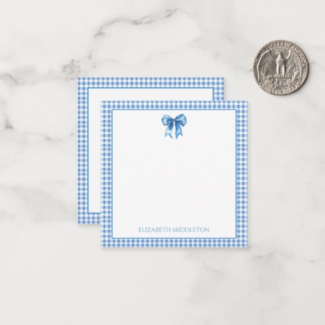 Tarjeta Pequeña Preppy Blue y White Gingham y Bow (Anverso/Reverso In Situ)
