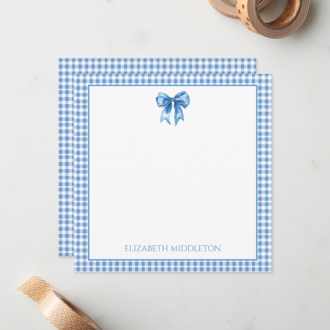 Tarjeta Pequeña Preppy Blue y White Gingham y Bow (Anverso/Reverso In Situ)