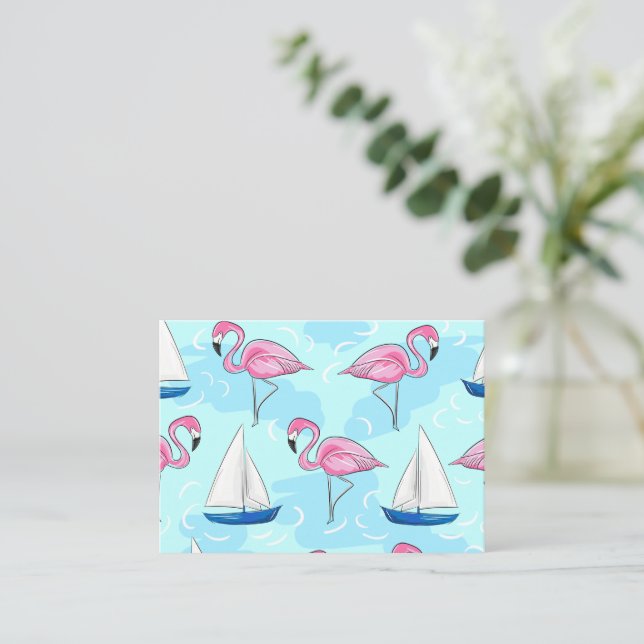Tarjeta Pequeña Preppy de barco de vela azul Flamingo rosa (Anverso de pie)