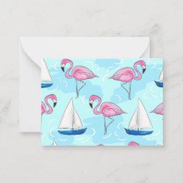 Tarjeta Pequeña Preppy de barco de vela azul Flamingo rosa