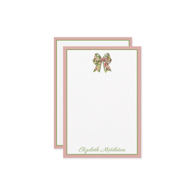 Tarjeta Pequeña Preppy Floral Pink and Green Bow Personalized (Anverso/Reverso In Situ)