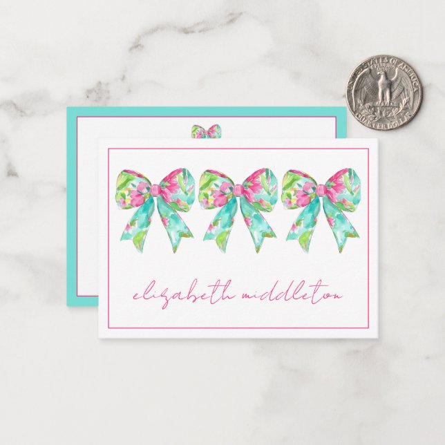 Tarjeta Pequeña Preppy Pink and Green Bows Personalizados (Anverso/Reverso In Situ)