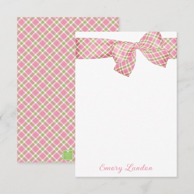 Tarjeta Pequeña Preppy Pink and Green Plaid Bow Personalized (Anverso / Reverso)