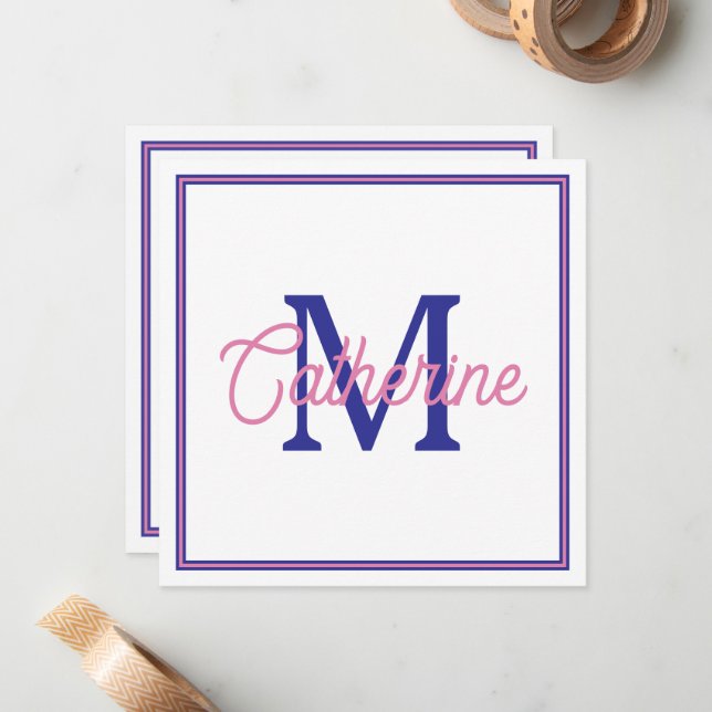 Tarjeta Pequeña Preppy Pink and Navy Blue Simple Monogram (Anverso/Reverso In Situ)