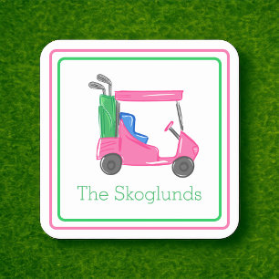 Tarjeta Pequeña Preppy Pink Golf Cart Regalo de frontera personali