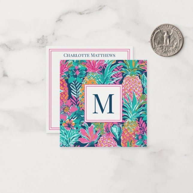 Tarjeta Pequeña Preppy Pink Teal Navy Blue Pineapple Monogram (Anverso/Reverso In Situ)