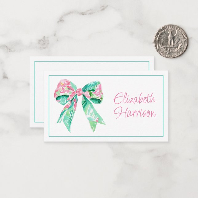 Tarjeta Pequeña Preppy Rosa y Aqua Floral Bow (Anverso/Reverso In Situ)