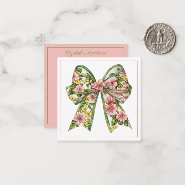 Tarjeta Pequeña Preppy Rosa y Green Floral Bow Personalizado (Anverso/Reverso In Situ)