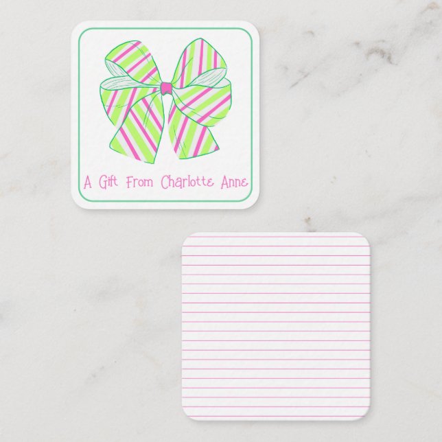 Tarjeta Pequeña Preppy Rosa y Green Stripe Bow Personalizado (Anverso / Reverso)