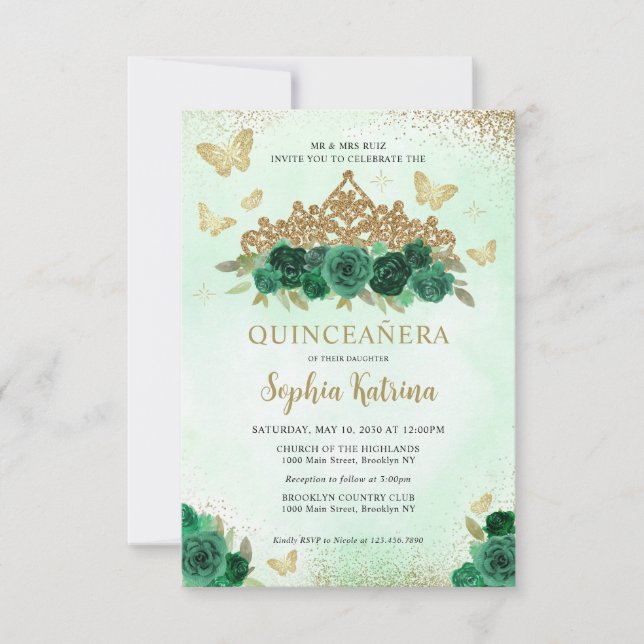 Tarjeta Pequeña Presupuestario Floral Esmeralda Verde Oro Tiara Qu (Anverso)