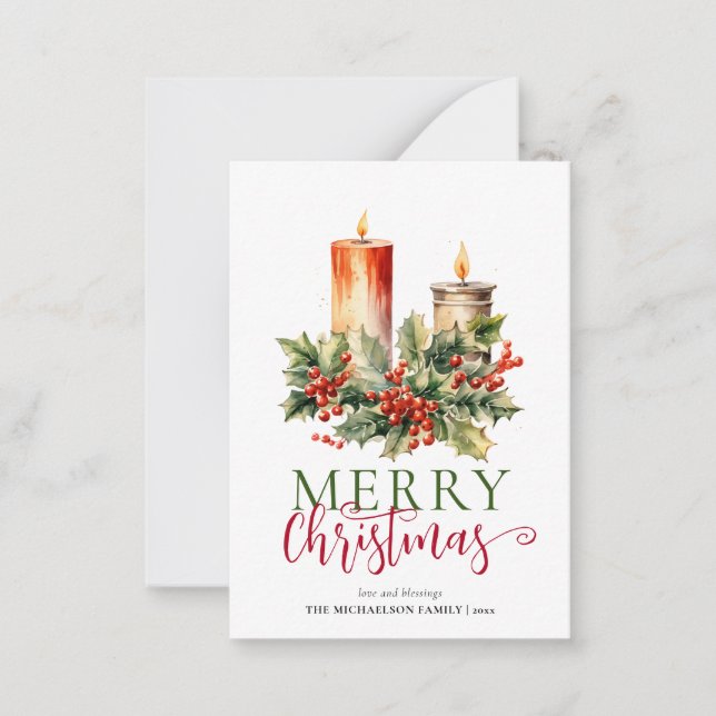 Tarjeta Pequeña Presupuesto Acuarela moderna Vela Feliz Navidad (Anverso)