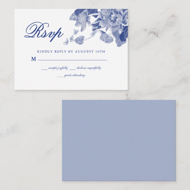 Tarjeta Pequeña PRESUPUESTO Clásico Boda Floral Blanca Azul RSVP (Anverso / Reverso)