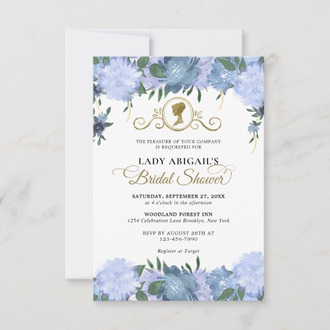 Tarjeta Pequeña PRESUPUESTO Dusty Blue Floral Victorian Bridal Sho (Anverso)