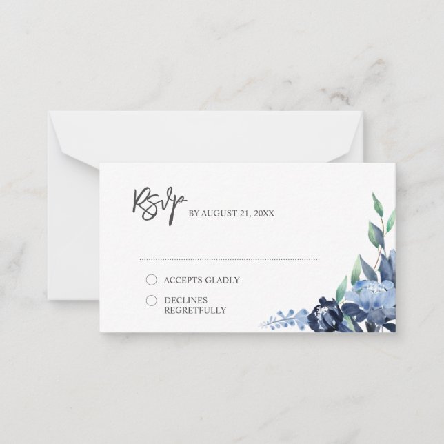 Tarjeta Pequeña PRESUPUESTO Dusty Blue Navy Floral Wedding RSVP (Anverso)