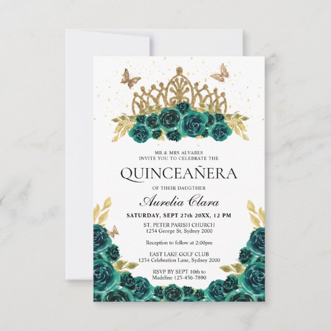 Tarjeta Pequeña PRESUPUESTO Elegante Green Floral Gold Tiara Quinc (Anverso)
