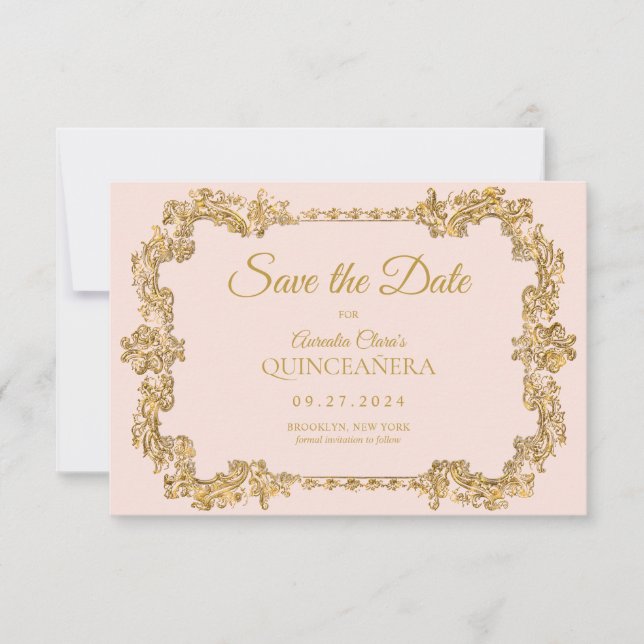 Tarjeta Pequeña PRESUPUESTO Elegante Marco Rubor Rosa Gold Quincea (Anverso)