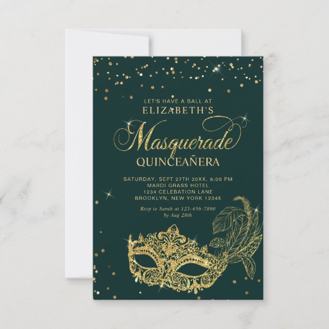 Tarjeta Pequeña PRESUPUESTO Elegante Mascarada de Oro Verde Quince (Anverso)