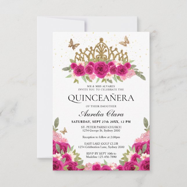 Tarjeta Pequeña PRESUPUESTO Elegante Oro Floral Rosa Tiara Quincea (Anverso)