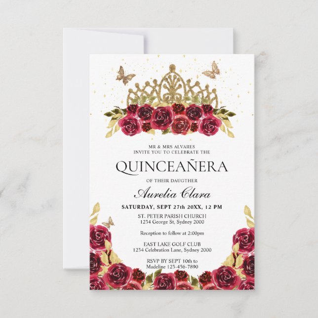 Tarjeta Pequeña PRESUPUESTO Elegante Red Floral Gold Tiara Quincea (Anverso)