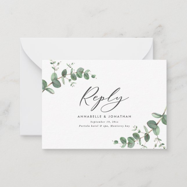 Tarjeta Pequeña presupuesto Eucalyptus Greenery Wedding Respuesta  (Anverso)