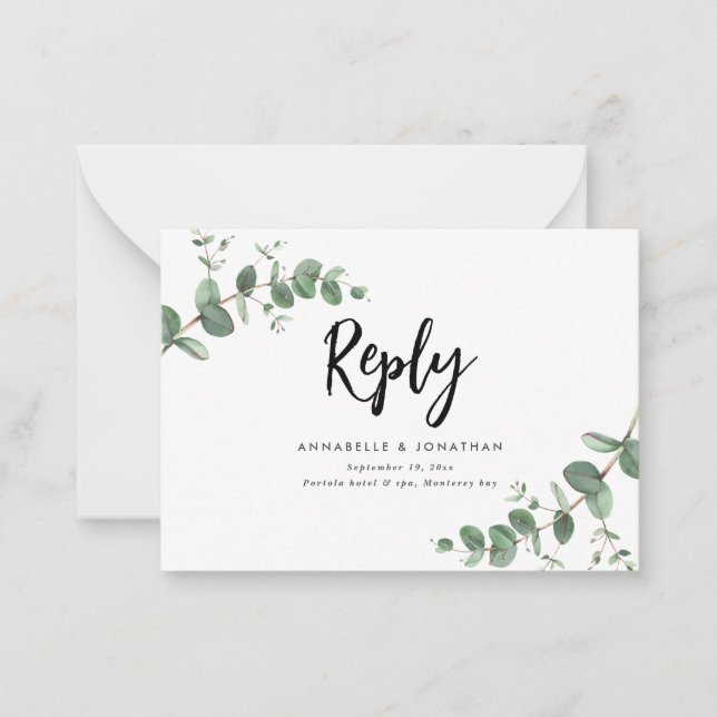 Tarjeta Pequeña presupuesto Eucalyptus Greenery Wedding Respuesta  (Anverso)