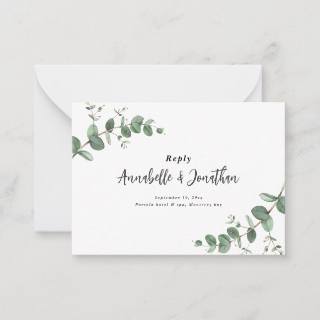 Tarjeta Pequeña presupuesto Eucalyptus Greenery Wedding Respuesta  (Anverso)