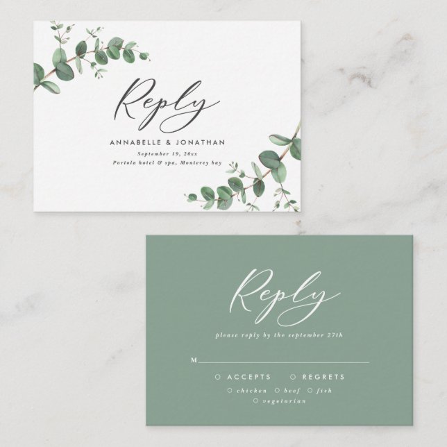 Tarjeta Pequeña presupuesto Eucalyptus sage green Wedding Respuest (Anverso / Reverso)