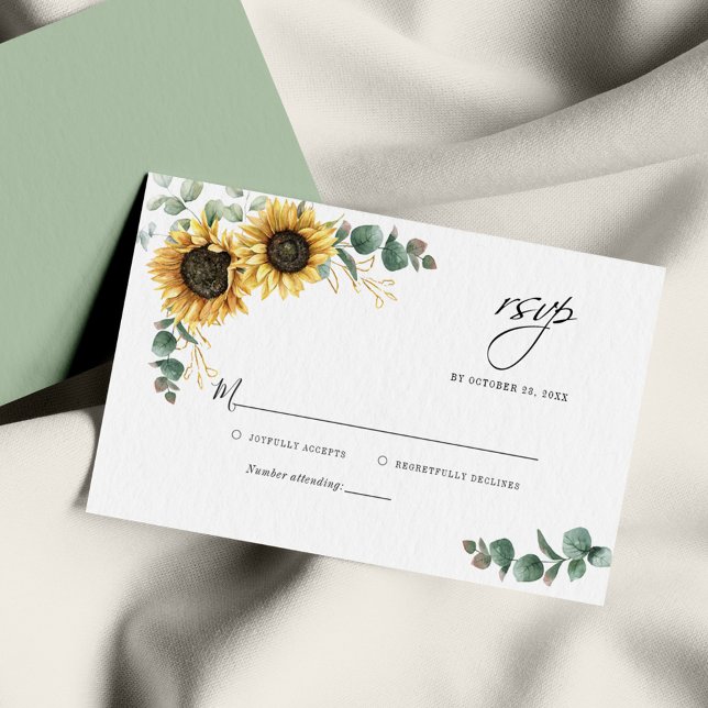 Tarjeta Pequeña Presupuesto Eucalyptus Sunflower Floral RSVP Tarje (Eucalyptus Sunflower Wedding RSVP Notecard Front and BacK View)