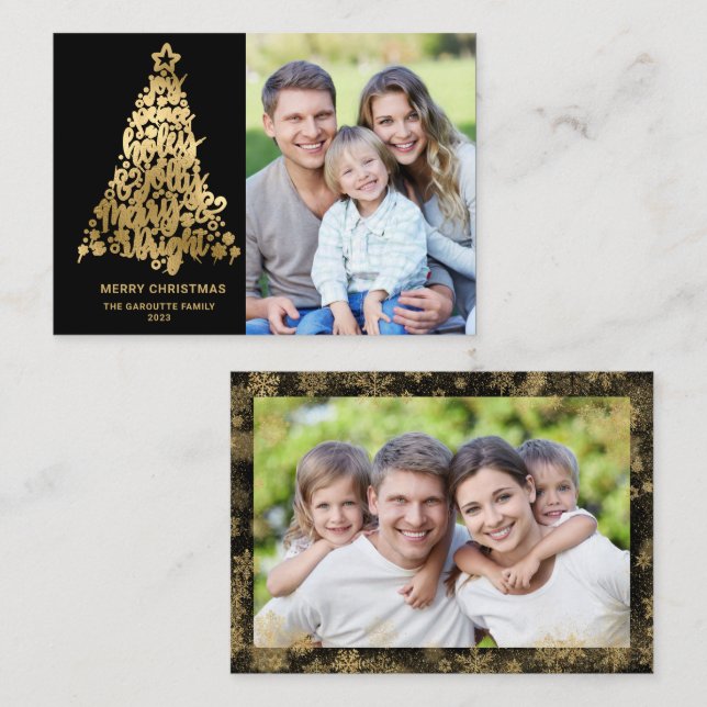 Tarjeta Pequeña Presupuesto Feliz Navidad 2 Foto Oro (Anverso / Reverso)