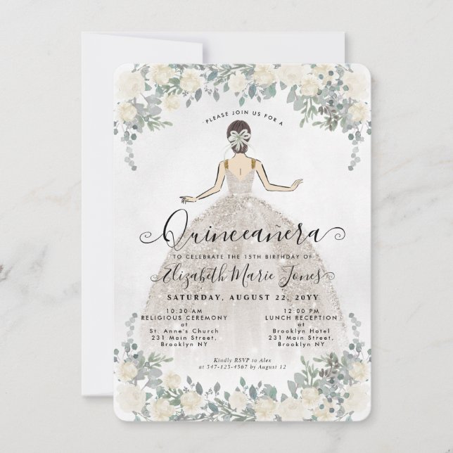 Tarjeta Pequeña Presupuesto Floral Ivory Princess Cumpleaños Quinc (Anverso)