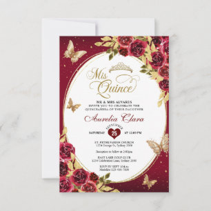 Tarjeta Pequeña PRESUPUESTO Floral Oro Rojo Tiara Mariposa Quincea