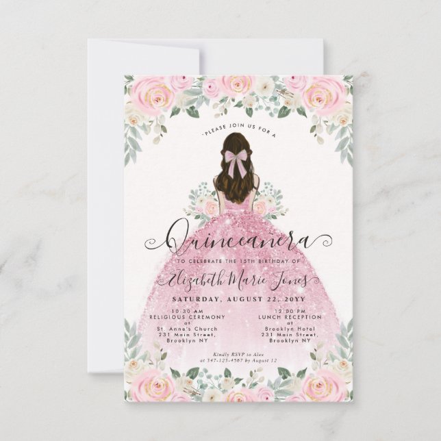 Tarjeta Pequeña Presupuesto Floral Rubor Rosa 15 cumpleaños Quince (Anverso)