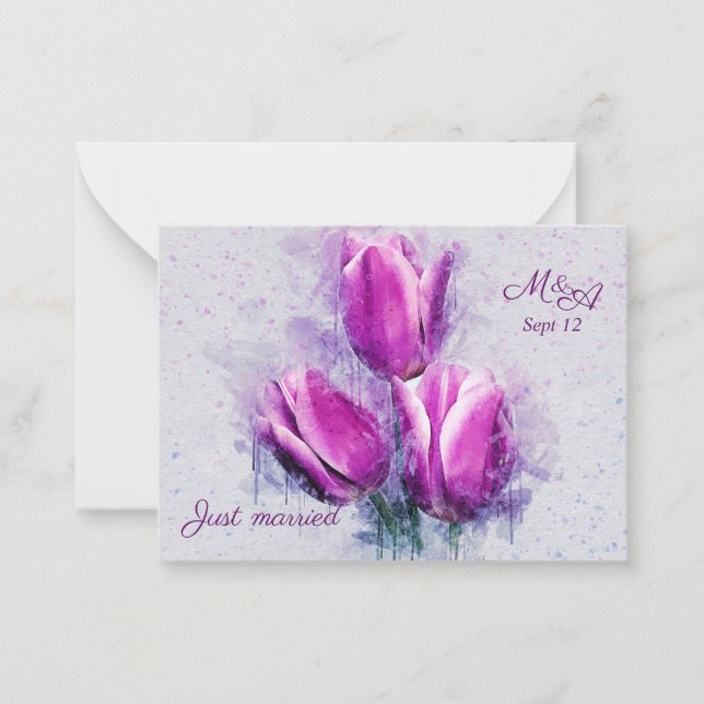 Tarjeta Pequeña Presupuesto. Floral, tulipanes de fucsia recién ca (Anverso)