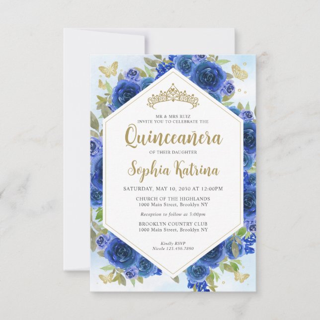 Tarjeta Pequeña Presupuesto Giro Real Azul Floral Oro Quinceañera (Anverso)
